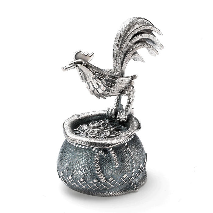 Silver statuette "Rooster on a bag of money"